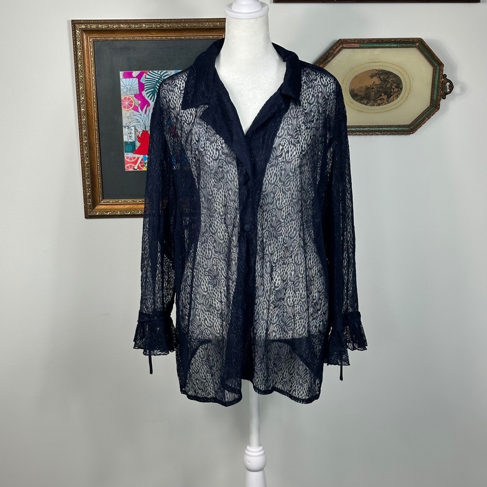 Studio I Navy Lace Button Down Shirt w/ Ruffle Sleeves - SIZE 24W Sheer Feminine